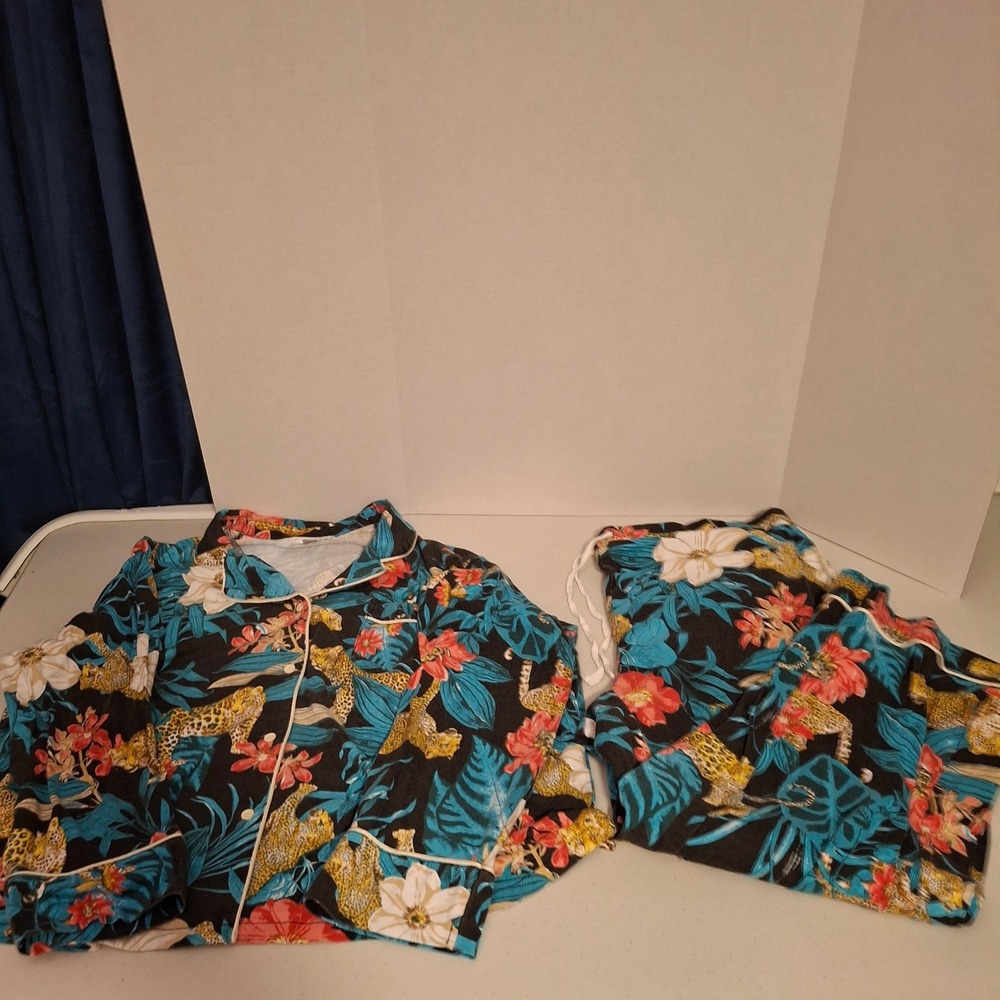 Alexander Del Rossa Womens Pajama Set Pants Long Sleeve Tropical Leopard 3X‎